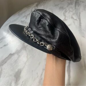 SUPER RARE Vintage DKNY Biker Bar Leather Cap Hat w/ Silver Chain VTG